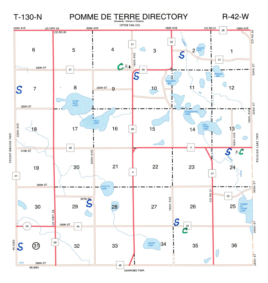 Map of Pomme de Terre township showing schools and cemeteries